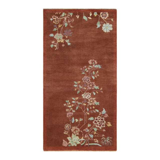 Rug & Kilim’s Chinese Art Deco Style Runner Rug in Brown With Floral Patterns For Sale