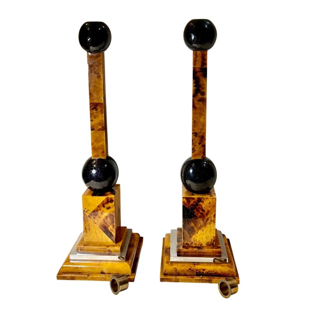 1970s Maitland Smith Style Faux Tortoiseshell and Stainless Steel Candle Holders - A Pair For Sale - Image 5 of 9