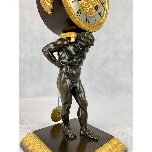 Traditional Early 19th Century Empire Period Bronze Doré and Patinated Bronze Clock Depicting Atlas For Sale - Image 3 of 13