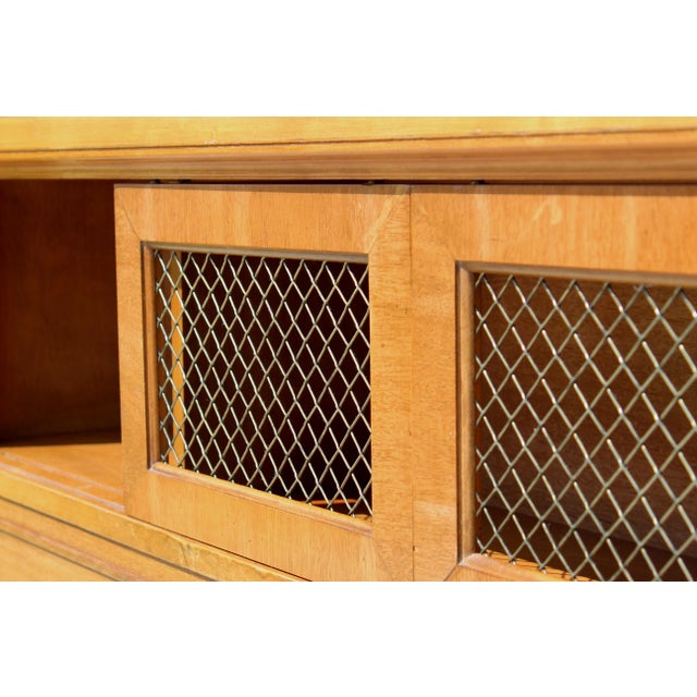 Mid-Century Modern Full Size Bar Headboard – 1970s Vintage Wood Frame With Storage & Brass Grille Panels For Sale - Image 9 of 17