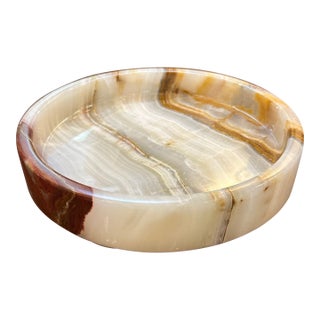 Brown Tan and Off White Round Onyx Footed Dish or Catchall For Sale