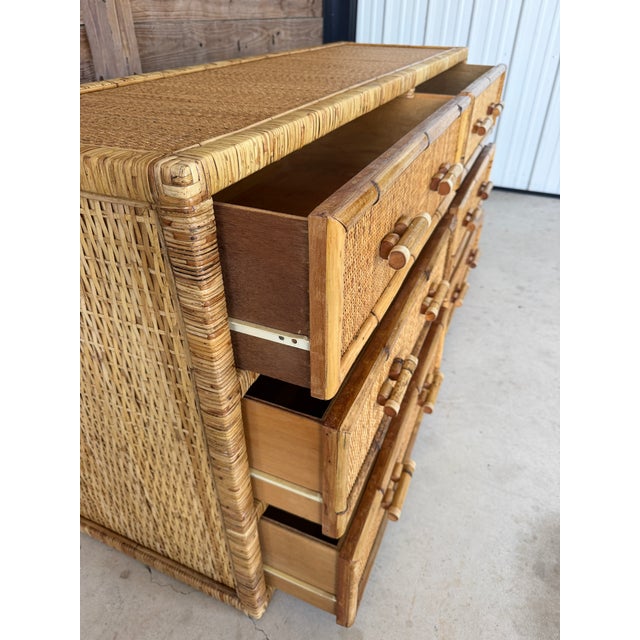 Tan Vintage Pencil Reed Rattan 6-Drawer Dresser With Cane Drawer Fronts For Sale - Image 8 of 12