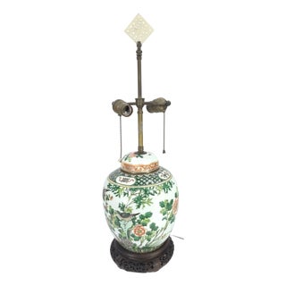 19th Century Chinese Famille Verte Porcelain Ginger Jar Lamp Converted to a Lamp With Hardstone Finial For Sale