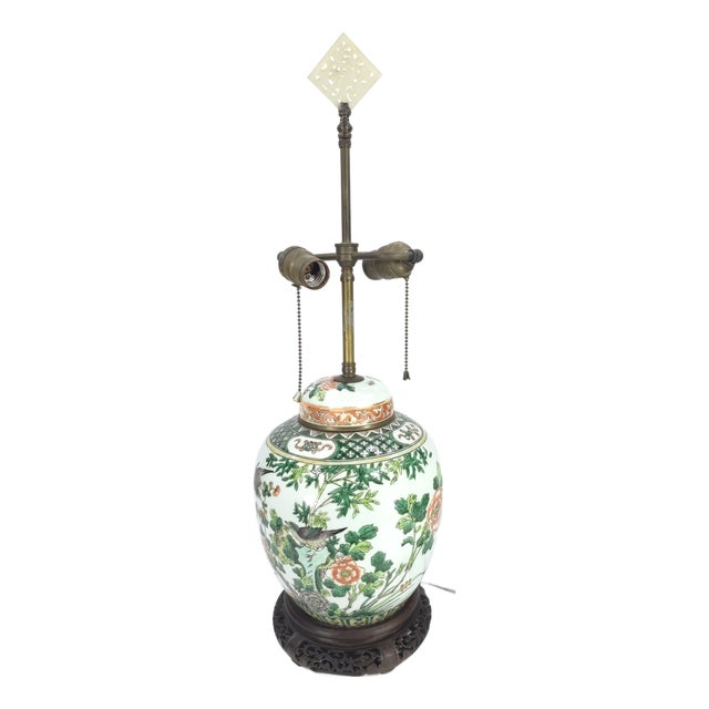 19th Century Chinese Famille Verte Porcelain Ginger Jar Lamp Converted to a Lamp With Hardstone Finial For Sale