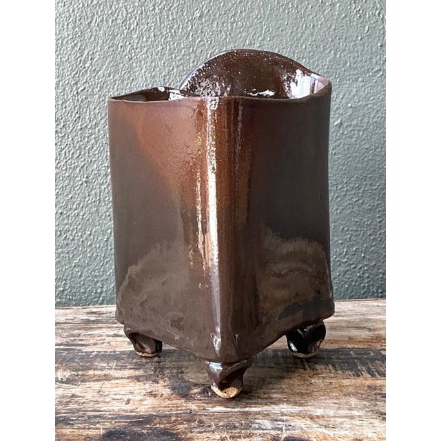 Vintage Handcrafted Brown Pottery Vase For Sale - Image 11 of 14