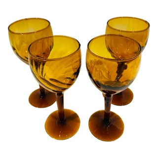 Vintage Amber Mexican Swirl Hand Blown Barware Glassware - Set of 4 For Sale