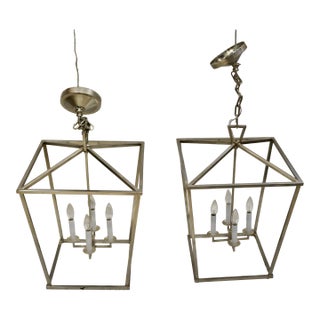 Vintage Chrome Square Pendant 4 Lamp Light Fixtures - A Pair For Sale