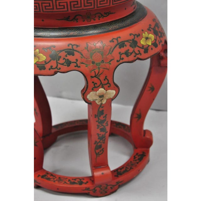 Red Vintage Chinoiserie Red Lacquer Pedestal Plant Stand Garden Stool Side Table (A) For Sale - Image 8 of 15
