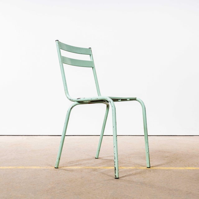 1950’s french artprog light green metal stacking outdoor chairs. - set of six reminiscent of tolix but not made by tolix,...