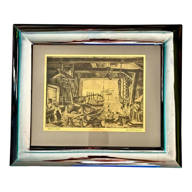 1960s Framed Lionel Barrymore “The Old Boat Works” Talio-Chrome Print in SIlver Frame, Mid-Century Nautical Art Reproduction For Sale