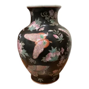 Vintage Chinese Cloisonné Black Vase Jar Lamp Decorative Floral and Butterfly