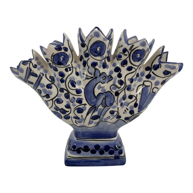 Mid 20th Century Blue and White Majolica Tulip Vase, Tulipiere For Sale