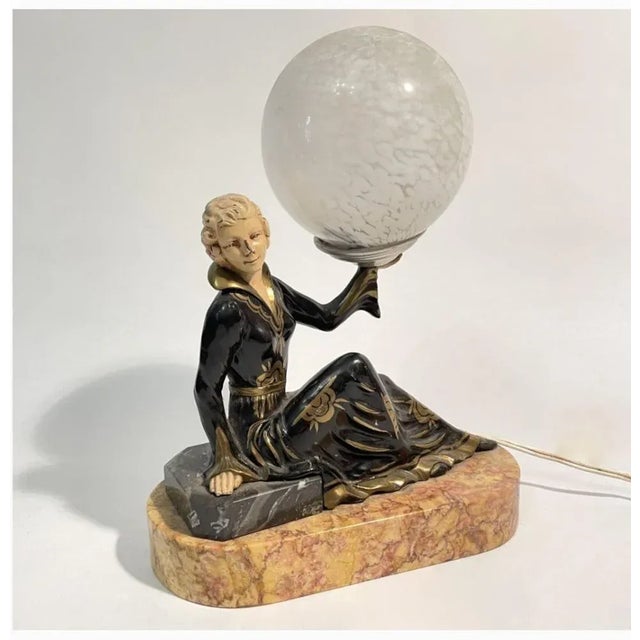 Art Deco Hand Painted Table Lamp on Marble Base For Sale - Image 6 of 13