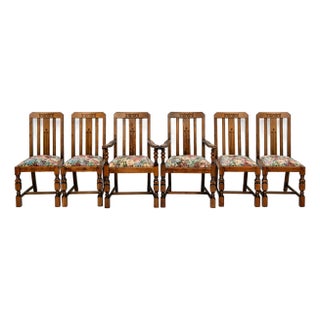 Antique 1910s Arts & Crafts Mission Tiger Oak Dining Chairs Set of 6 For Sale