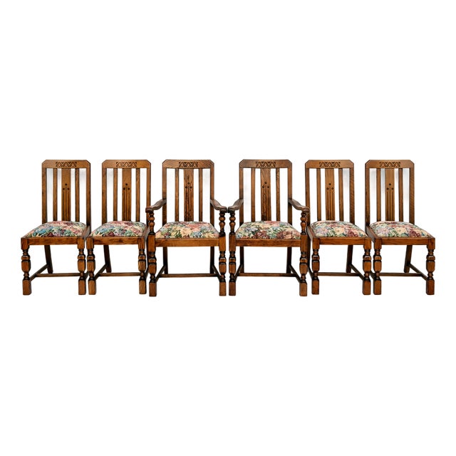 Antique 1910s Arts & Crafts Mission Tiger Oak Dining Chairs Set of 6 For Sale