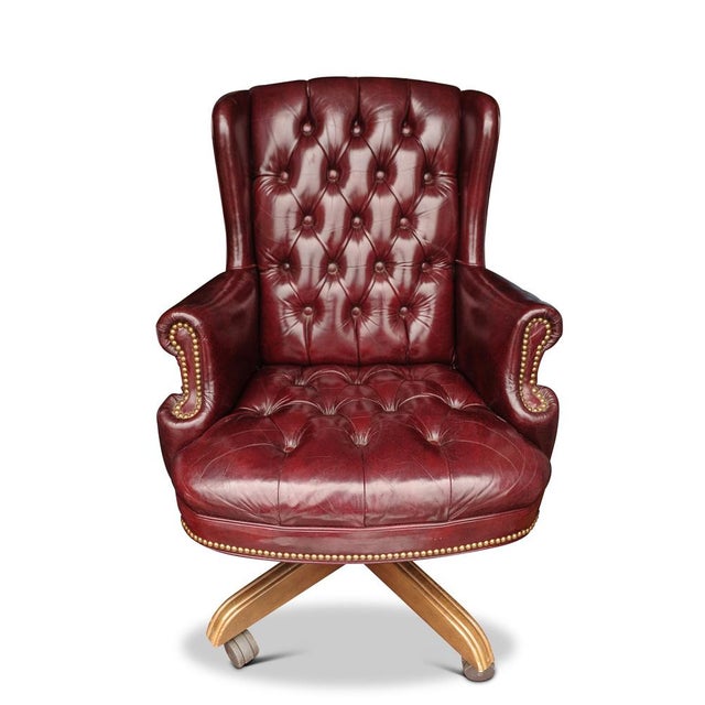 20th Century Button Back Chesterfield Revolving Desk Chair with Polished Burgundy Red Leather Upholstery with Tilt Action, 1970s For Sale - Image 3 of 7