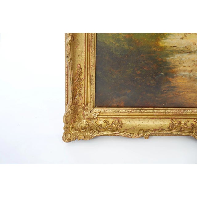 19th Century Lakeside Camp. Continental. Relined signed 34" x 42" framed Mid 19th Century gilt wood framed oil on canvas...