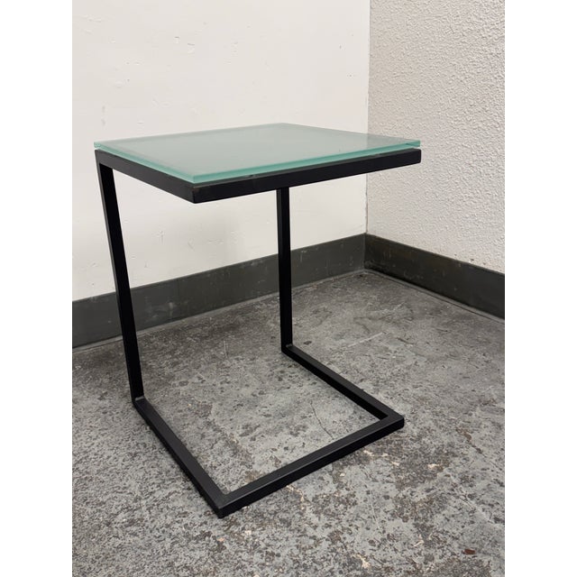 Modern Room & Board Parsons C-Shape Seafoam Glass Table For Sale - Image 3 of 12