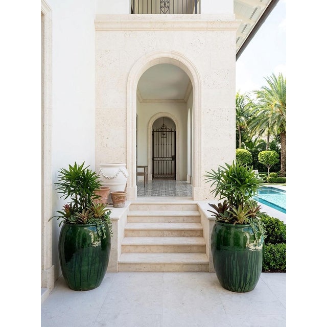 Dark Green Pair of Vintage Emerald Green Glazed Ceramic Planters For Sale - Image 8 of 11