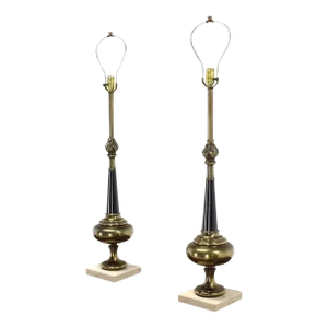 Mid Century Modern Stiffel Brass Finial Shape Table Lamps Marble Bases MINT - A Pair