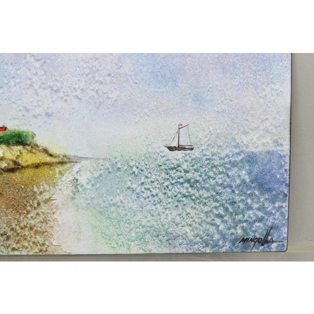 Late 20th Century Dom Dominic Mingolla Enamel on Copper Painting Red Lighthouse Shoreline For Sale In Philadelphia - Image 6 of 9