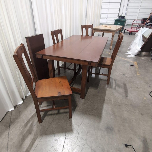 Walker Edison Huntsman 5-Piece Dining Set, Extendable Trestle Table and 4 Chairs, Distressed Dark Oak For Sale - Image 4 of 8
