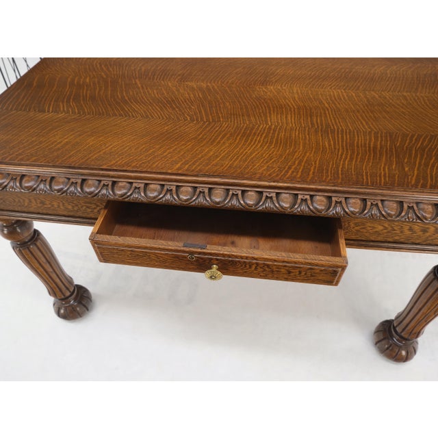 Heavy Fluted Carved Oak Legs 1 Drawer Arts & Crafts Desk Writing Table Clean! For Sale - Image 4 of 17