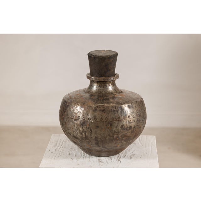 Brown Vintage Indian Hammered Metal Water Vessel with Wooden Stopper For Sale - Image 8 of 13