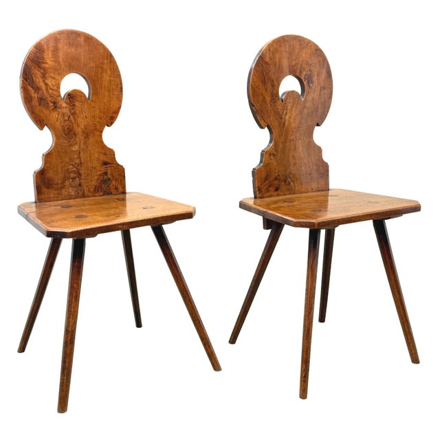 19th Century Swiss Folk Art Fruitwood Escabelle Hall Chairs, 1840, Set of 2 For Sale - Image 5 of 10