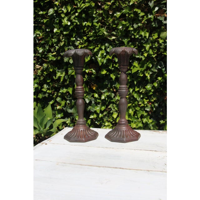 Victorian Antique Victorian Cast Iron Floral Candleholders - a Pair For Sale - Image 3 of 13