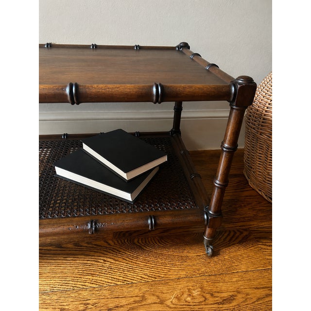 Vintage Mid-Century Faux Bamboo Walnut Coffee Table With Cane Shelf & Casters For Sale - Image 4 of 16