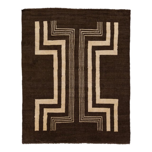 Modern Art Deco Style Handmade Tribal Motif Brown Wool Rug For Sale