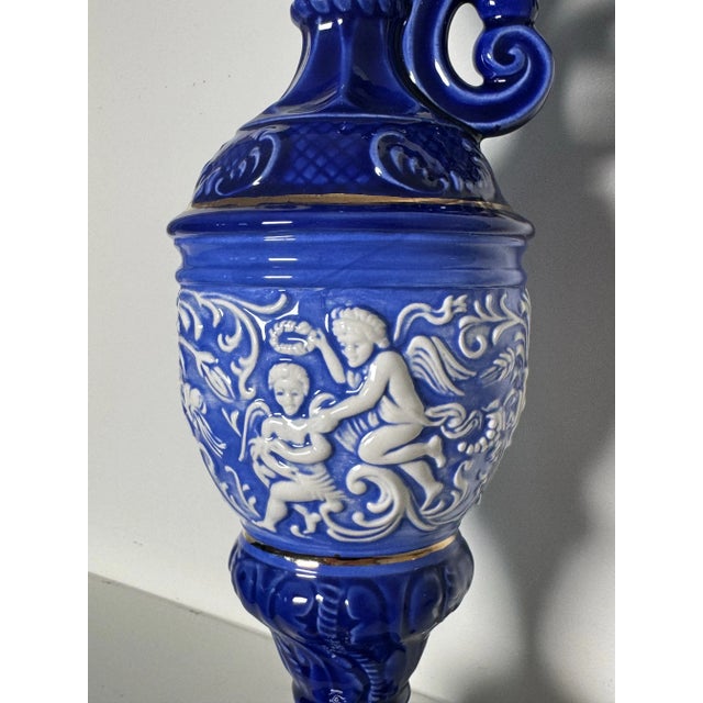 Baroque Embossed Cobalt Blue & Gold Ceramic Decorative Pitcher For Sale In Houston - Image 6 of 10