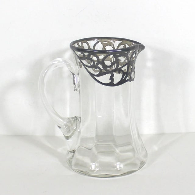 Art Nouveau Vintage Art Nouveau Glass Pitcher With Silver Overlay Bar Cocktail Pitcher Silver Rim For Sale - Image 3 of 10