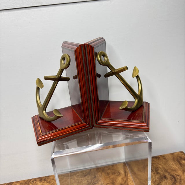 Brass Brass and Wood Anchor Bookends- A Pair For Sale - Image 8 of 8