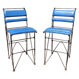 Illana Goor Leather Wrought Iron Bar Stools - Pair For Sale