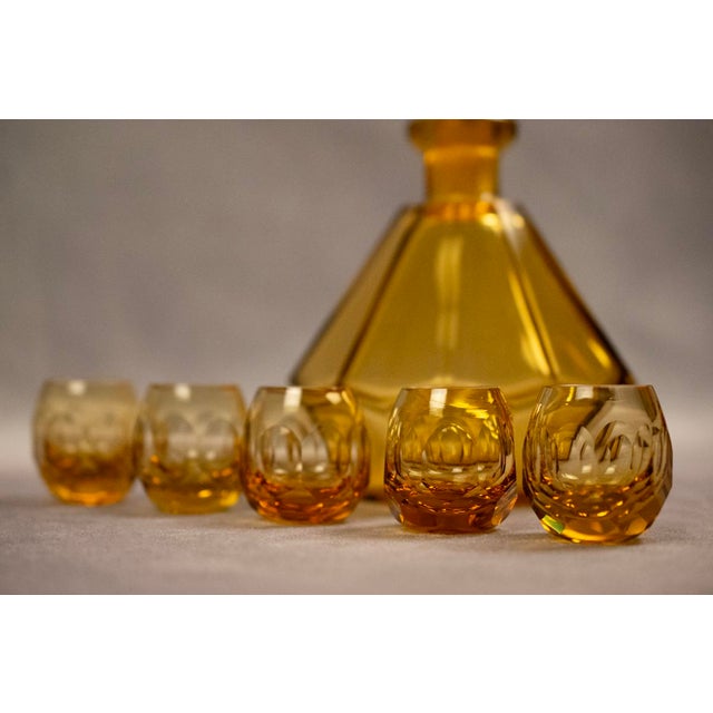 Art Deco Carafe and Liqueur Glasses in Frosted Orange Faceted Glass by Rudolf Eschler for Moser Karlsbad, 1940s, Set of 6 For Sale - Image 14 of 18