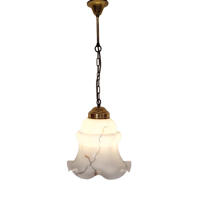 Vintage Brass Pendant with Grey Marbled White Glass Shade, 1970s For Sale
