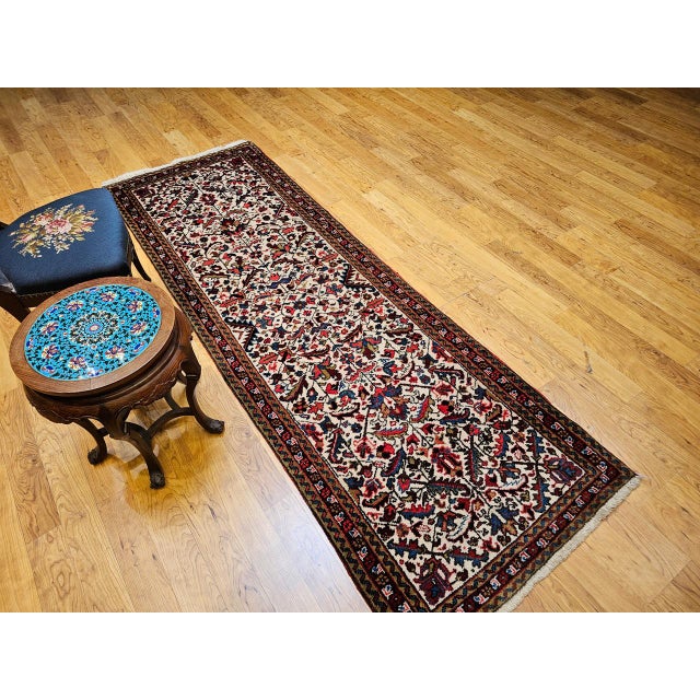 Vintage Persian Heriz Runner Rug, Hand-Knotted Wool, Allover Geometric Pattern, Ivory & Red, 3x9 For Sale In Chicago - Image 6 of 14