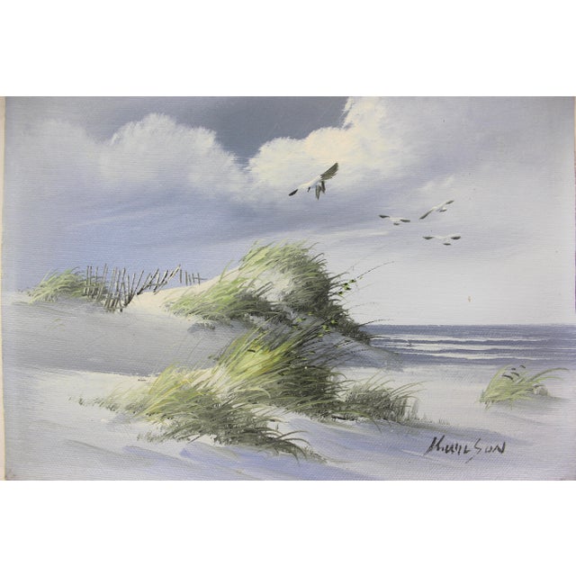 Vintage Oil Painting, Seascape Beach Scene, Unframed Muted, Natural Colours, Sand Dunes, Waves, Seagulls Pampas Grass, Beach House Decor Art For Sale - Image 9 of 9