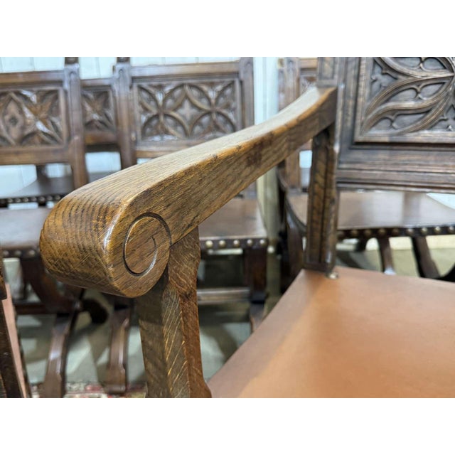 Chairs and Armchairs in Oak and Leather with Gothic Decoration, 1930s, Set of 8 For Sale - Image 17 of 18