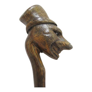 Antique Carved Male Ebenezer Inset Eyes Figure Monoxyl Wood Walking Stick Cane For Sale
