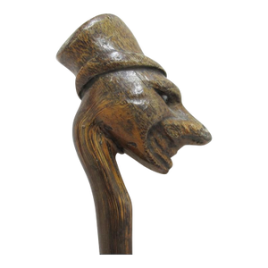 Antique Carved Male Ebenezer Inset Eyes Figure Monoxyl Wood Walking Stick Cane