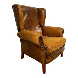 Distressed Leather Wingback Library Chair For Sale