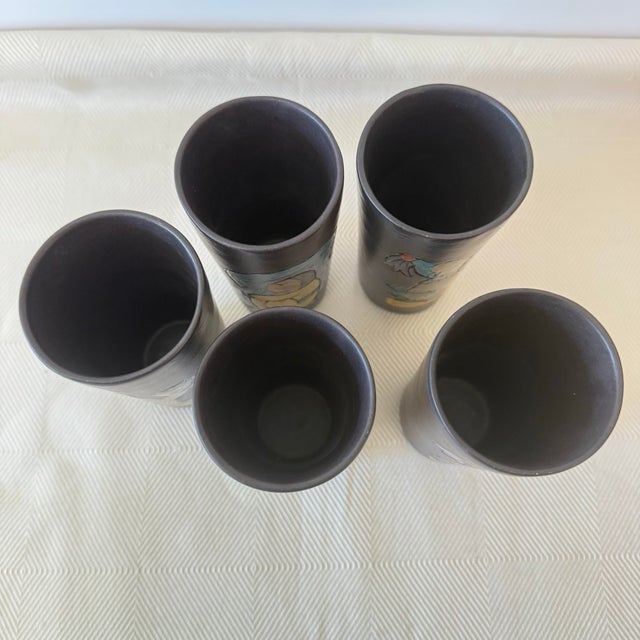 Vintage Mexican Folk Art Black Clay Pottery Cocktail Tumblers, a Set of 5 For Sale - Image 9 of 10