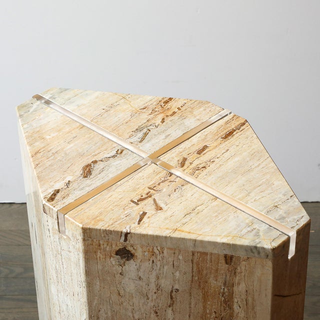 Stone Sophisticated Mid-Century Modernist Crosslight Illuminating Travertine Pedestal For Sale - Image 7 of 14