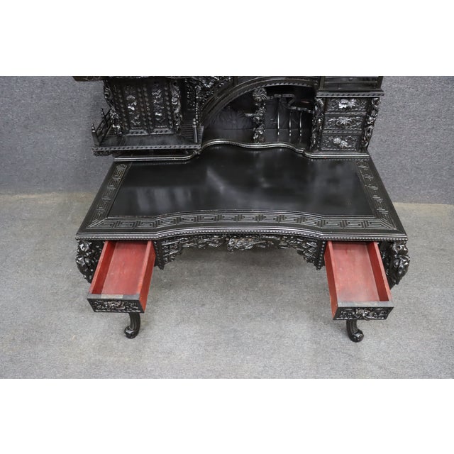 Wood Highly Carved Chinese Dragon Black Lacquer Writing Desk / Secretary Desk For Sale - Image 7 of 15