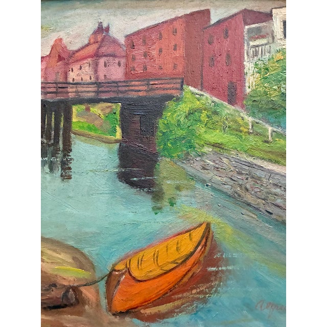 Arts & Crafts Signed 1930s River Landscape Fine Art Oil Painting / 1930s Small Townscape Wall Art For Sale - Image 3 of 10