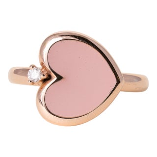 1980s Fidia Firenze Pink Enamel Heart & Diamond Ring in 18k Rose Gold, Size 5.5 For Sale