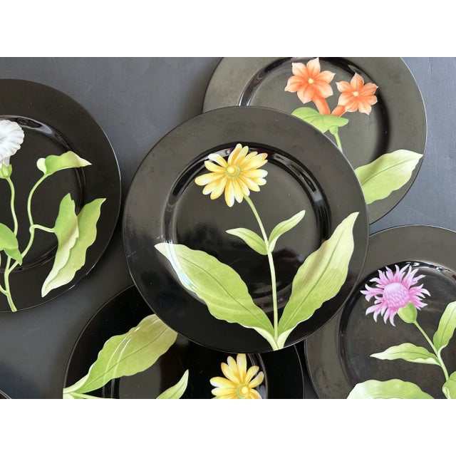 Contemporary Fitz and Floyd Black Floral Dessert or Salad Plate Dish Set of 6 For Sale - Image 3 of 12